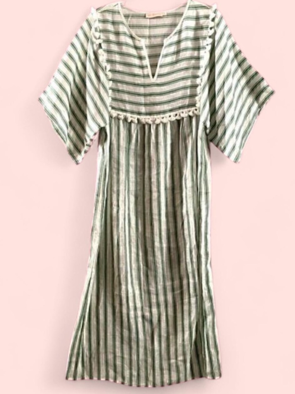 Tory Burch Striped Linen Caftan Size Small Midi Green White Tassels Swim coverup